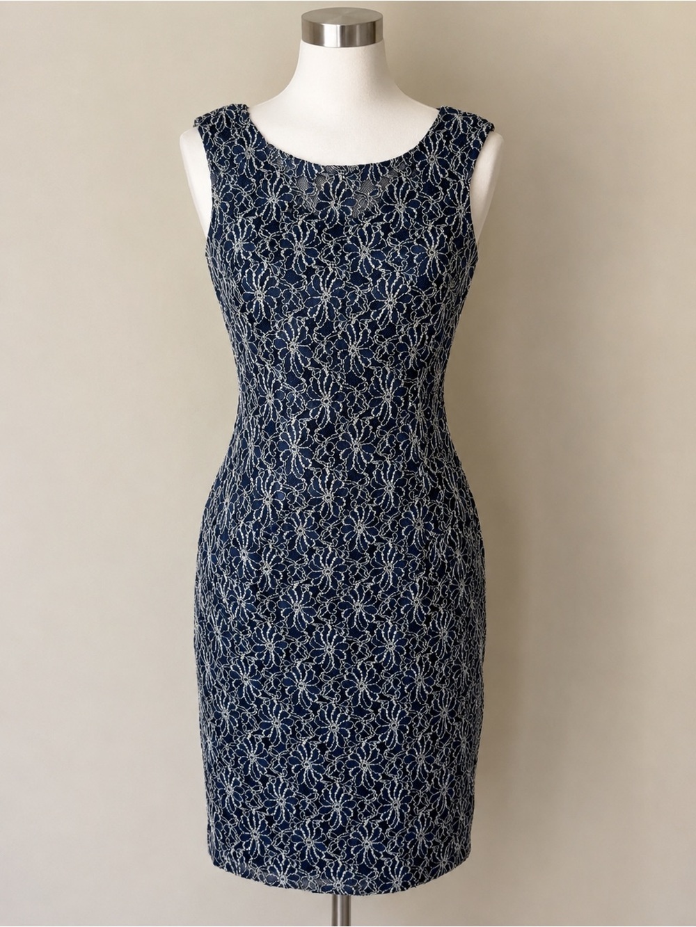 Roz & Ali Navy Sequin Lace Sheath Dress Size 4 Wedding Guest Cocktail